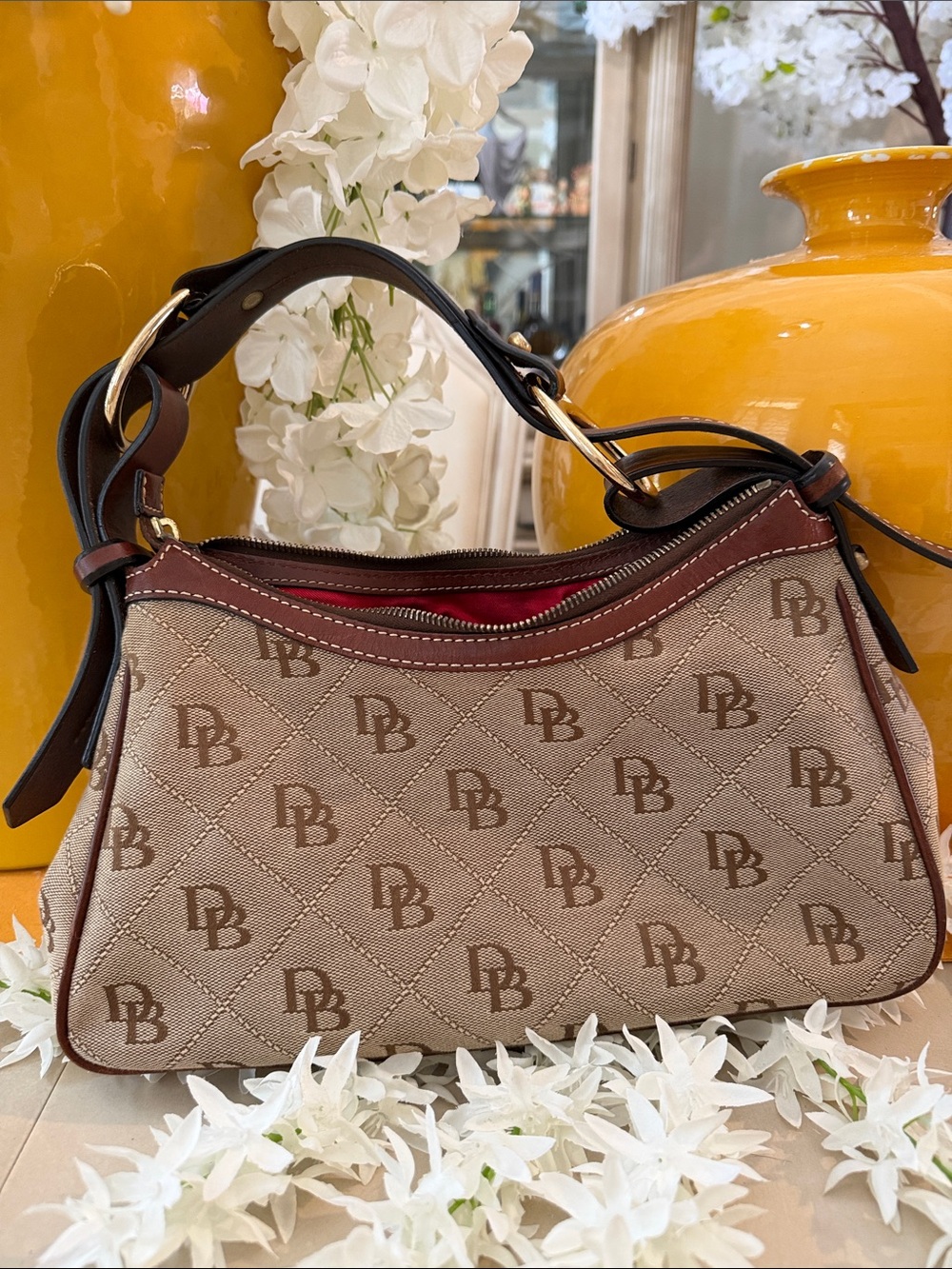 Dooney Bourke Patterned Brown Canvas Shoulder Bag with Leather Trim